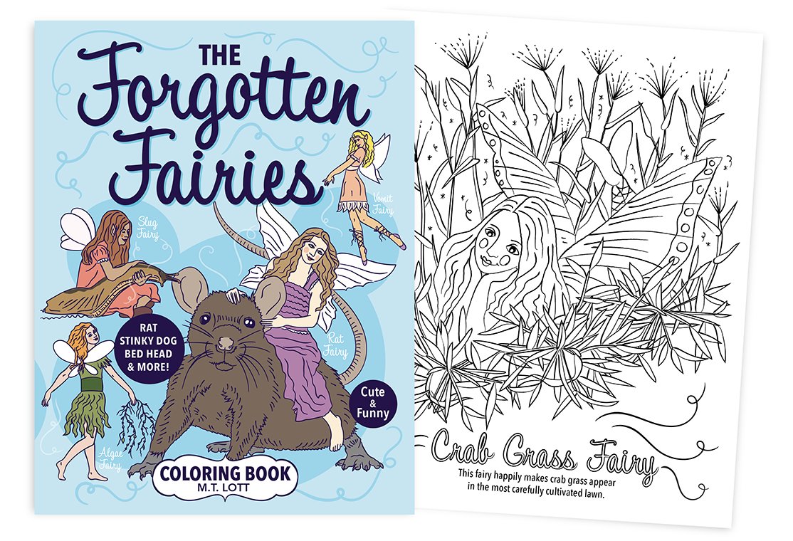 cover of fairy coloring book with fairy riding a rat and picture of a crabgrass fairy