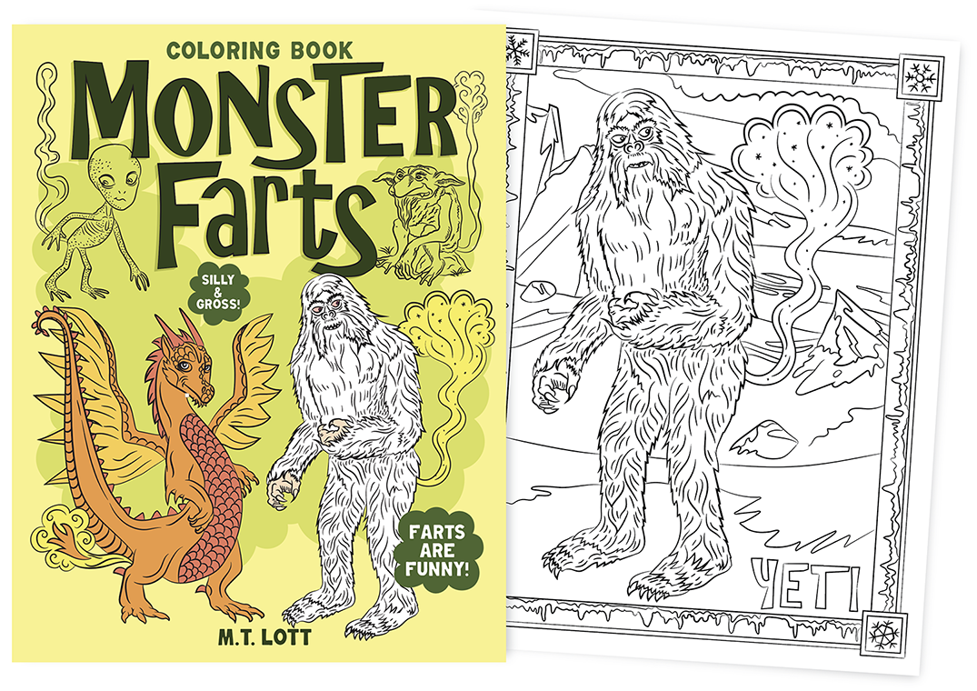 cover of monster farts coloring book and picture of farting yeti